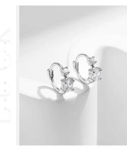 Détail macro de boucles d'oreilles créoles en argent S925 avec deux zircons brillants