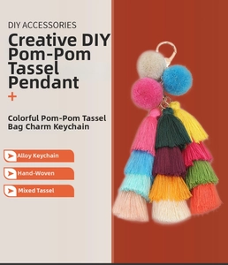 Detail of colorful pompom tassel pendant with gold alloy buckle and handwoven strap