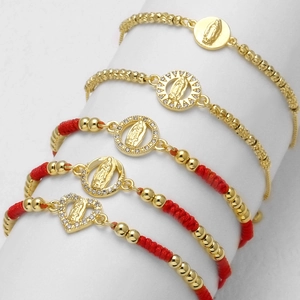Religious Virgin Mary Heart Infinity Bracelet Copper 18K Gold Plated Cubic Zirconia Adjustable Red Rope Box Chain Women