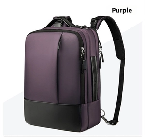 Side view of dark purple business laptop backpack with black leather base and wide straps