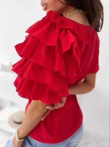 Detail of red crew neck t-shirt featuring elegant multi-layered ruffle sleeves for women