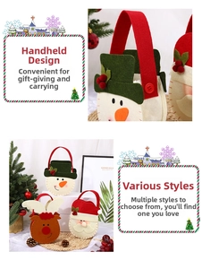 Macro detail of Christmas felt tote bags featuring 3D reindeer and snowman designs