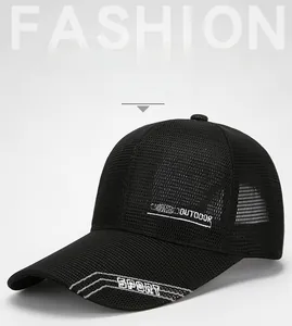 Close-up of breathable black mesh cap featuring OUTDOOR embroidery and SPORT brim details