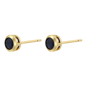 18K gold plated stud earrings with round blue sapphire zircon stones in bezel setting
