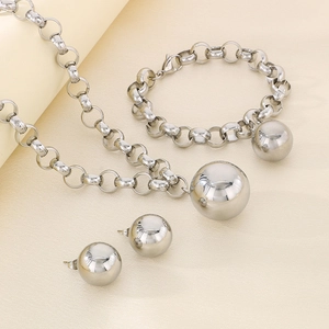 Parure bijoux en acier argenté avec chaînes de perles et grands pendentifs sphériques