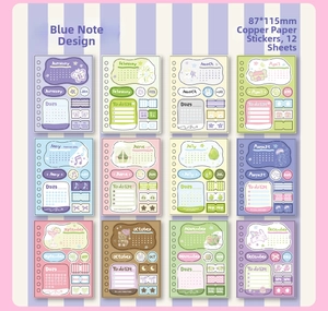 Set of 12 monthly planner stickers in pastel colors with calendars and to-do lists