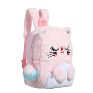 Pink plush cartoon cat backpack for kids with colorful pom-pom charm and adjustable straps