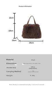 Detailed size chart for brown faux fur crossbody bag with adjustable shoulder strap