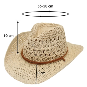 Size chart for hollow straw cowboy hat showing 56-58cm head girth and 9cm brim