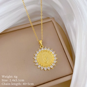 Close-up of gold portrait pendant necklace with zircon border and 45cm adjustable chain