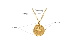 Detail showing dimensions of compass pendant necklace in 18K gold plated titanium steel