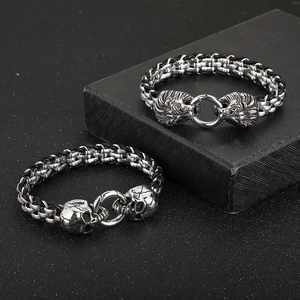 Detail of lion and skull charms on heavy metal braided punk bracelets for men