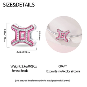 Pink zodiac charm detail with size dimensions and styled snake chain bracelet view
