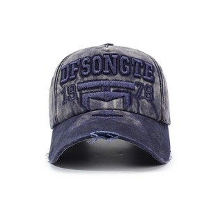 Distressed dark blue washed cotton baseball cap with 3D embroidery and vintage design