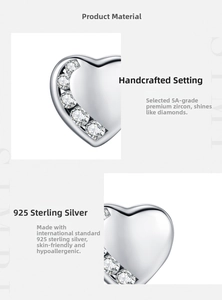 Detail of S925 sterling silver heart stud earring with 5A cubic zirconia stones