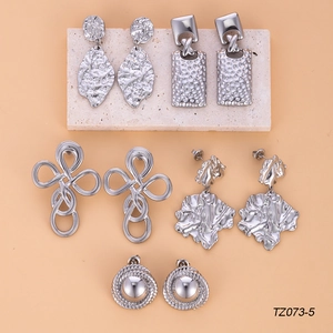 5-pair set of silver textured irregular leaf and geometric metal earrings for women