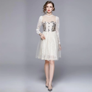Elegant French vintage apricot lace dress with floral embroidery and puff sleeves
