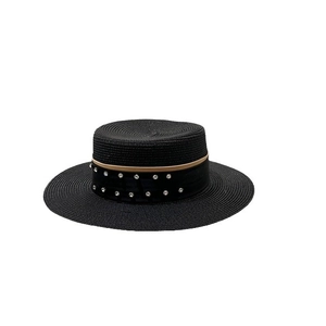 Elegant black boater hat with rhinestones and double decorative bands for women
