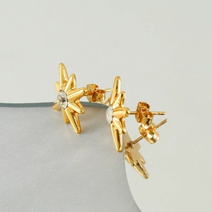 Golden stainless steel eight-pointed star earrings with zircon inlay for women