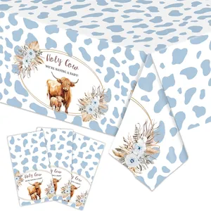Highland Cow Disposable Plastic Tablecloth For Baby Shower Birthday Party Bohemian Floral Cow Print Party Table Cover Decoration