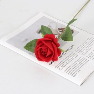 Rosa artificial de terciopelo rojo con hojas verdes sobre fondo de revista inglesa