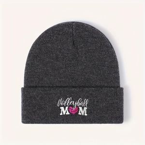 Dark charcoal knit beanie with Volleyball MOM embroidery and pink heart graphic