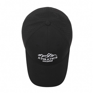 Lightweight breathable black mesh baseball cap with athletic embroidery and laser cut vents