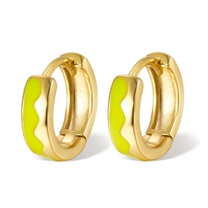 Detail of gold earrings with neon green wavy enamel inlay and polished metal finish