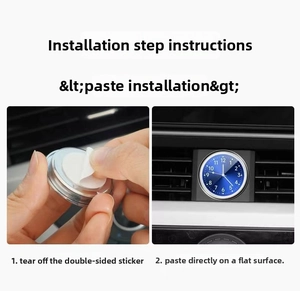 Detail view showing adhesive backing and installation of car dashboard quartz clock