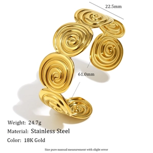 18K gold plated stainless steel open bangle with unique geometric spiral texture design