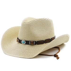 Unisex strooien cowboyhoed in beige met turquoise lederen band en verstelbaar koord