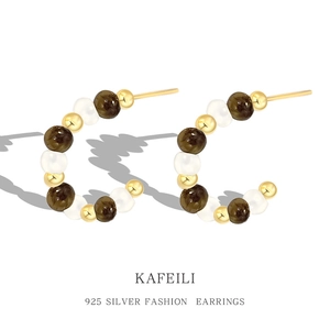 C-Shape Stud Earrings With 925 Sterling Silver Earring Post Tiger Eye Shell Artificial Pearl Beads Retro Bohemian Style For Women