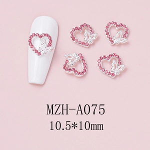 Close-up of 10.5x10mm pink rhinestone heart bow nail charms with silver metal alloy base