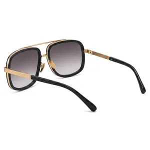 Retro pilot style square sunglasses with black gold frame and gradient grey lenses