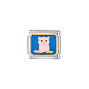 Italian charm link with pink owl on blue enamel background in silver stainless steel