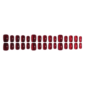 30-piece wine red cat eye press-on nails with shimmering glitter in short square shape