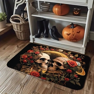 Detail of Halloween bath mat with skull and red rose pattern on wooden floor