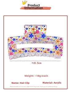 Floral acrylic hair claw clip detail with 8.5cm size and 18g weight specifications