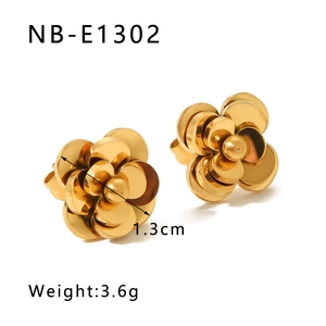 Detail of camellia flower stud earrings in gold finish showing 1.3cm size and 3.6g weight