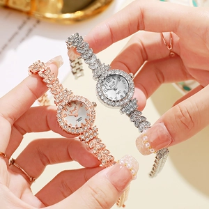 Elegant ladies quartz watches with full rhinestone leaf-shaped bracelet in gold and silver