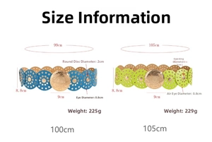 Detailed size chart for vintage metal disc belts in vibrant blue and neon green colors