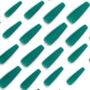 Extra long matte dark green coffin press-on nails displayed in a neat diagonal arrangement