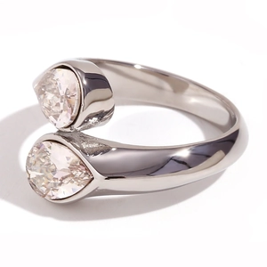 Polished silver stainless steel open ring featuring two sparkling pear-cut zircon stones