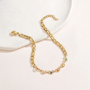 Detailed view of gold-plated curb chain bracelet featuring six colorful enamel heart charms