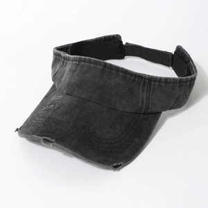 Visière de soleil en denim noir délavé vintage avec détails déchirés pour l'été