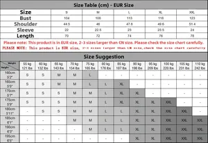Size chart for men's striped polo shirt in EU sizes including chest and length metrics