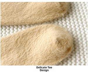 Detailed close-up of thick light camel faux mink fur sock toe with premium stitching
