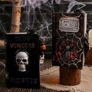 Halloween Decorative Book Ornament Resin LED Glowing Gothic Grim Reaper Skull Spider Horror Desktop Sculpture Party Prop