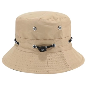Beige cotton breathable bucket hat with adjustable branded sport drawstring and vent holes