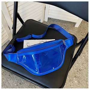Close-up of clear blue PVC waist bag with durable nylon strap and silver zipper